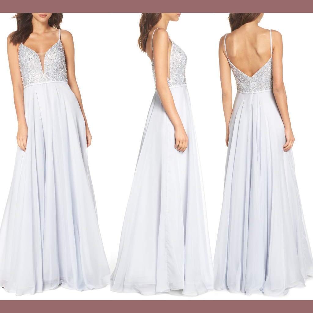New $418 La Femme [Sz 0 ] Beaded V-Neck Chiffon Gown In Silver